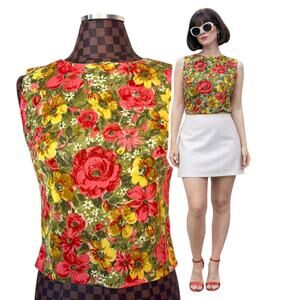 Vtg 60s Weber Floral Sleeveless Blouse Size S/M Mod Retro MCM Mid-Century Pinup